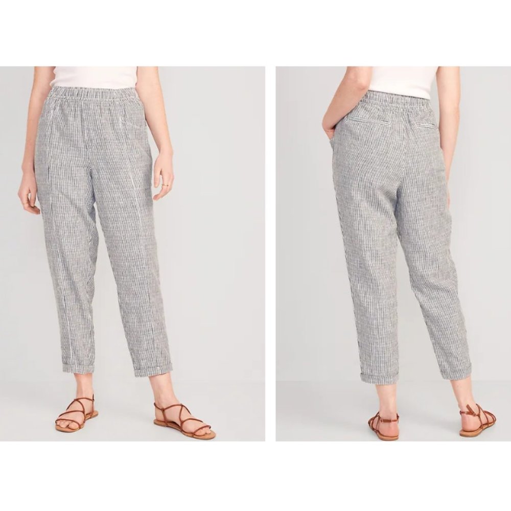BNWT Old Navy petrol stripe High-Waisted Striped Cropped Linen-Blend Tapered Pan